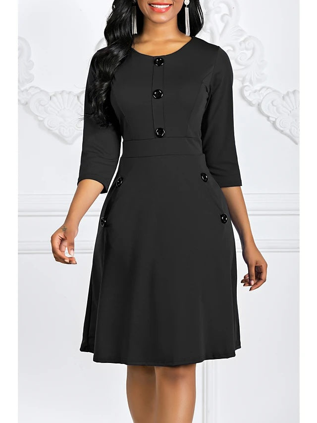 Damen Knieumspielendes Kleid mit Schmuckknöpfen 3/4-Ärmel
