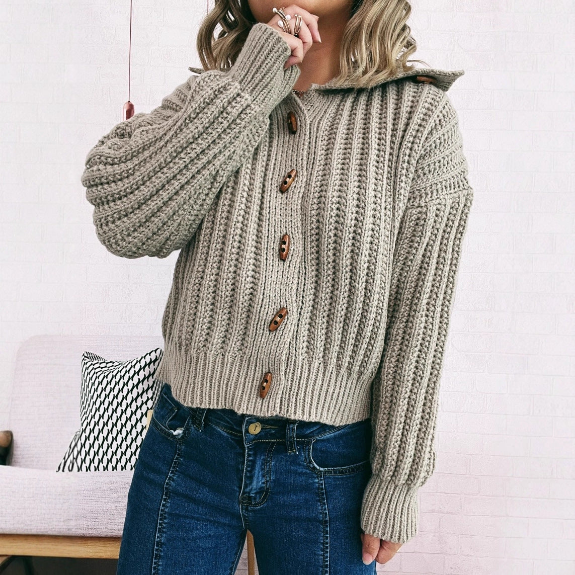 Damen Strickcardigan Mit Kapuze Knöpfe Beige - Norvielle