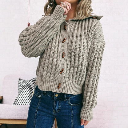 Damen Strickcardigan Mit Kapuze Knöpfe Beige - Norvielle
