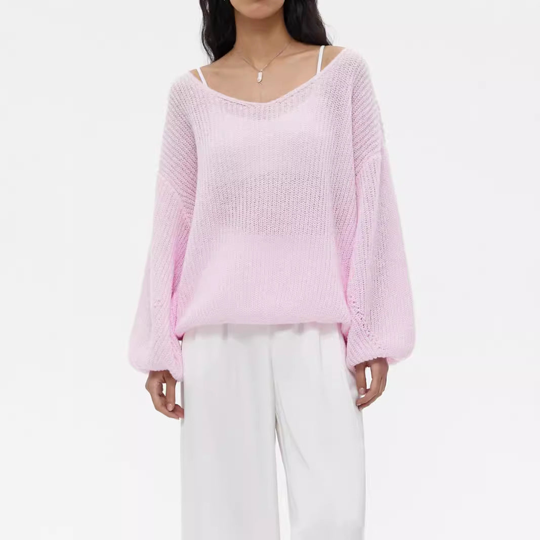 Damen Strickpullover V-Ausschnitt Voluminöse Ärmel Norvielle