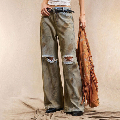 Damen Weite Jeanshose Distressed Details