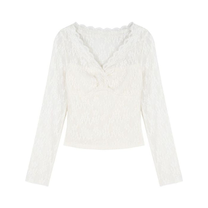 Damen Spitzenbluse V-Ausschnitt Rüschendetails