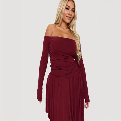 Damen Off-Shoulder Midi-Kleid Asymmetrisch Langärmlig
