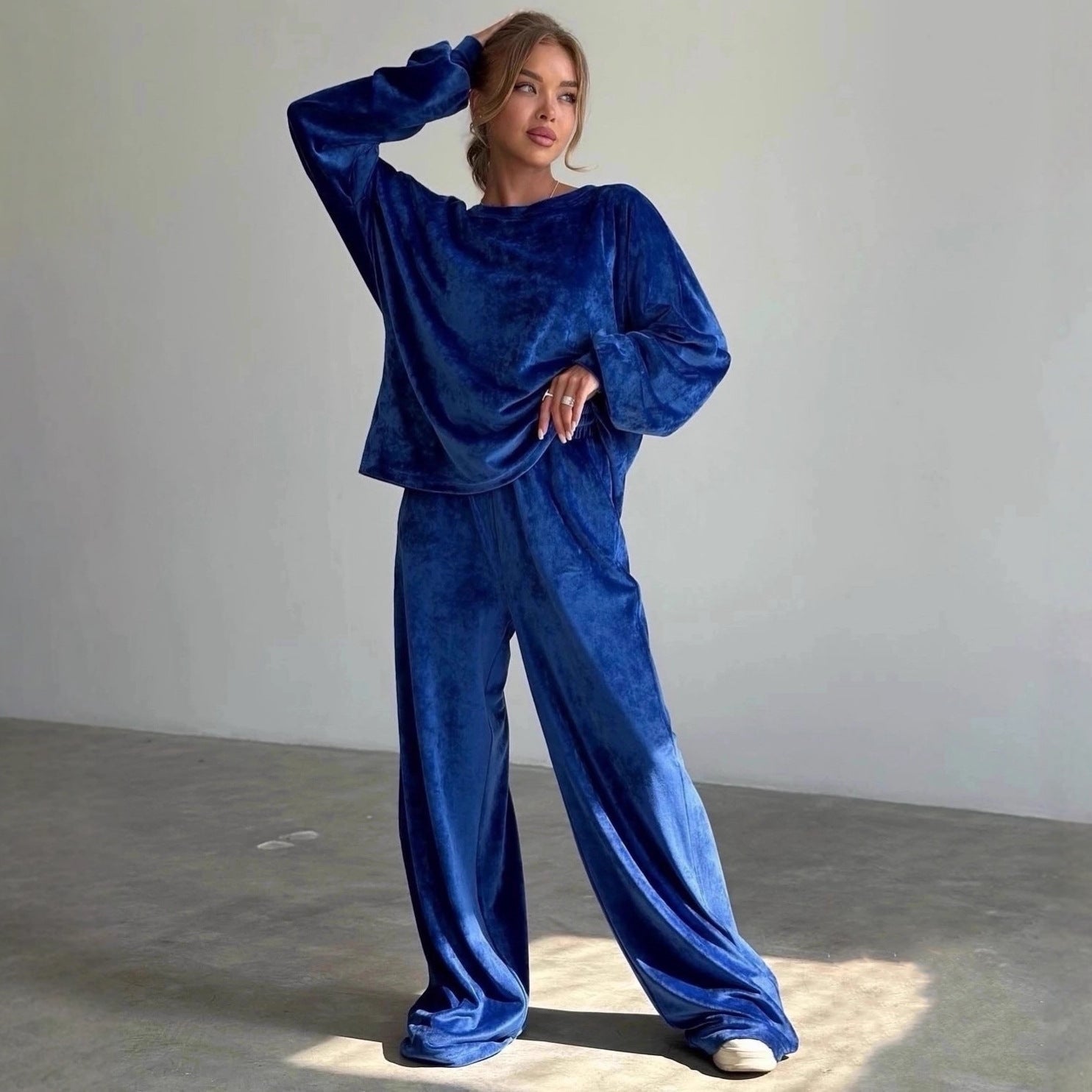 Damen Velours Jogginganzug Hochbund Weite Beine Schwarz Norvielle - Norvielle