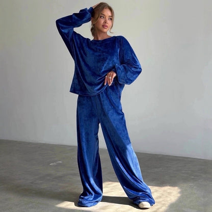 Damen Velours Jogginganzug Hochbund Weite Beine Schwarz Norvielle - Norvielle