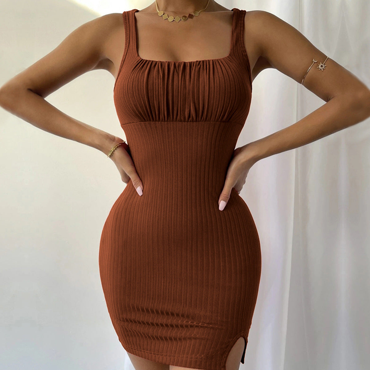 Damen Rippkleid Figurbetont Quadratischer Ausschnitt Hochschlitz