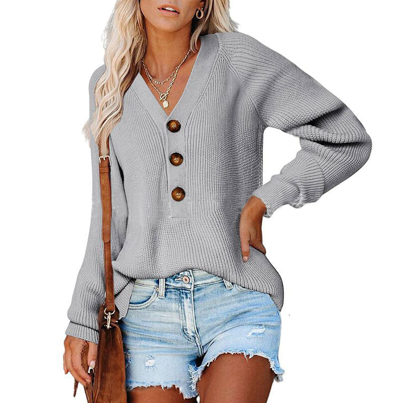 Damen Pullover V-Ausschnitt Holzknöpfe Norvielle