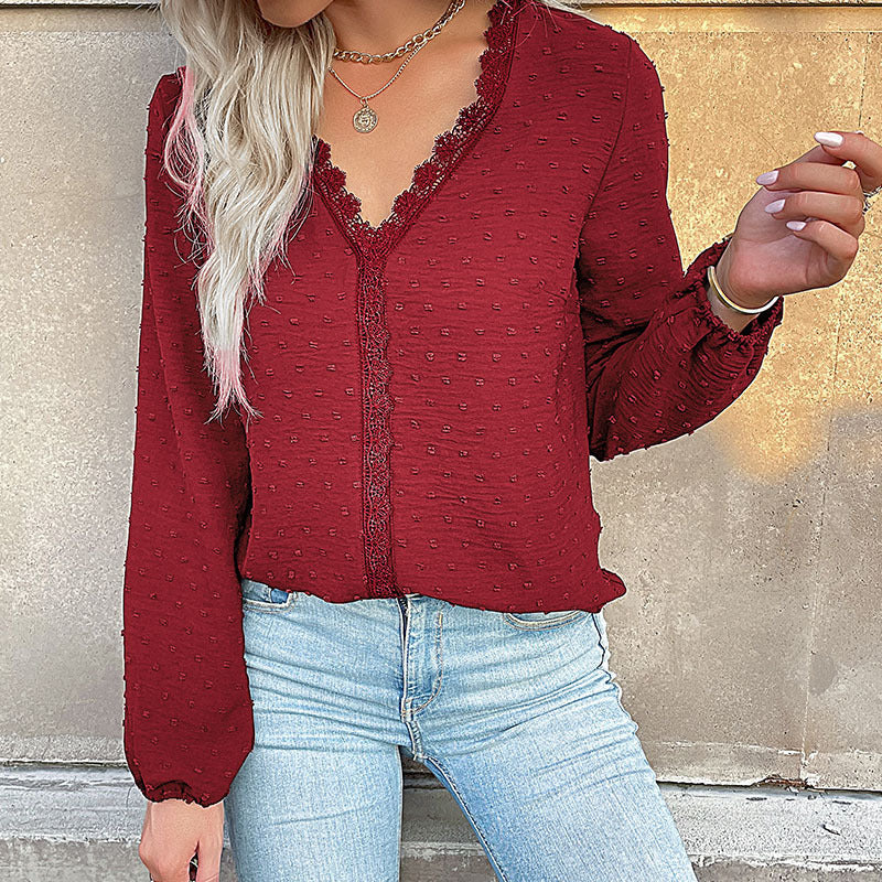 Damen Bluse Spitzenbesatz Puffärmel Elegantes Design
