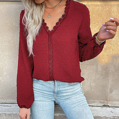 Damen Bluse Spitzenbesatz Puffärmel Elegantes Design