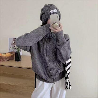 Damen Strickjacke Zippkragen Hochwertig Grün