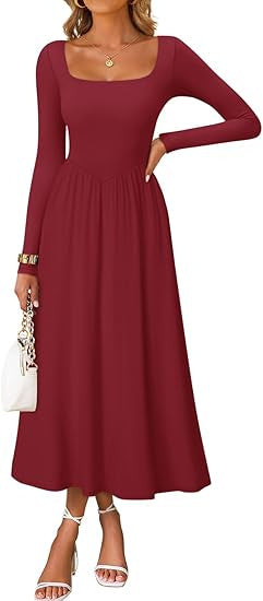 Damen Elegantes Midi-Kleid mit Quadratausschnitt und langen Ärmeln