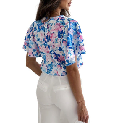 Damen Bluse Voluminöse Rüschensäume Floraler Druck