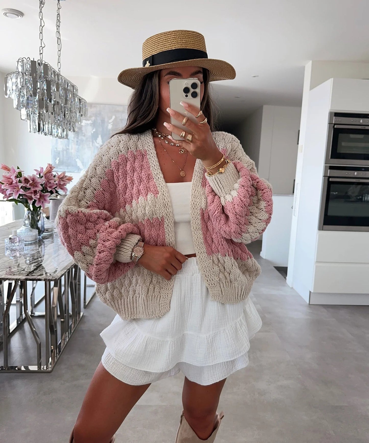 Damen Strickcardigan Oversized Zopfmuster Beige