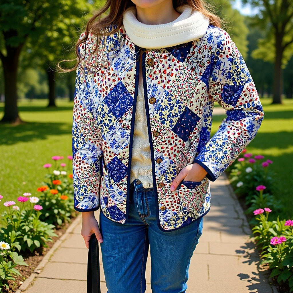 Damen Steppjacke Patchwork Floralmuster mit Knöpfen