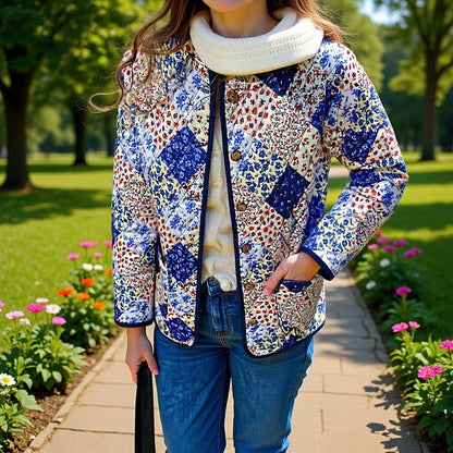 Damen Steppjacke Patchwork Floralmuster mit Knöpfen