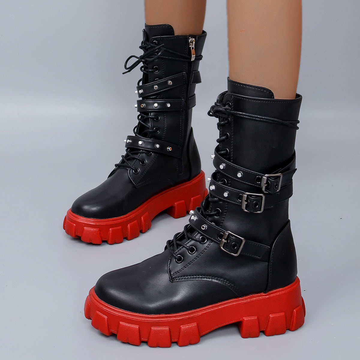 Damen High- Schnürstiefel Verstellbarer Riemen Griffige Sohle
