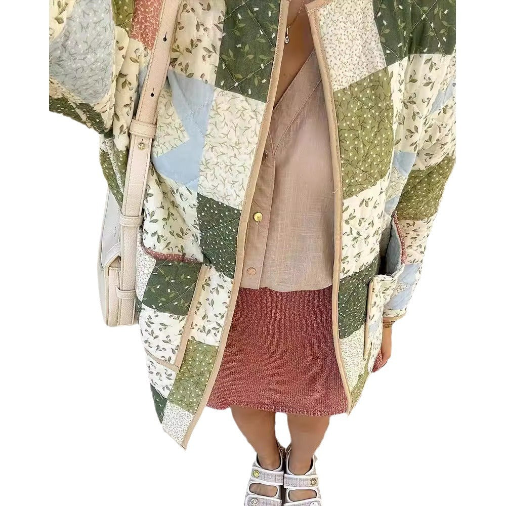 Damen Steppjacke Patchwork Floralmuster mit Knöpfen