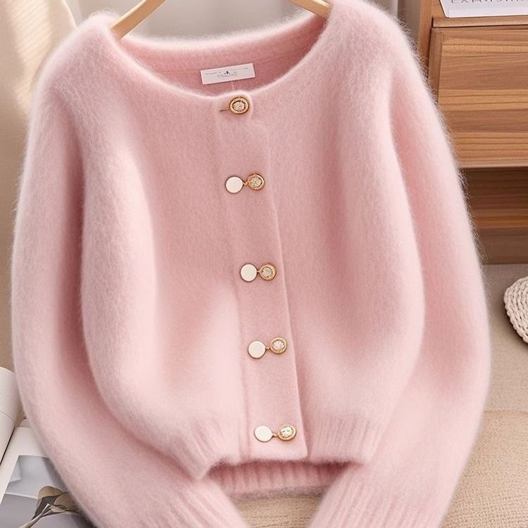 Damen Strickjacke Kuschelig Goldene Knöpfe Beige