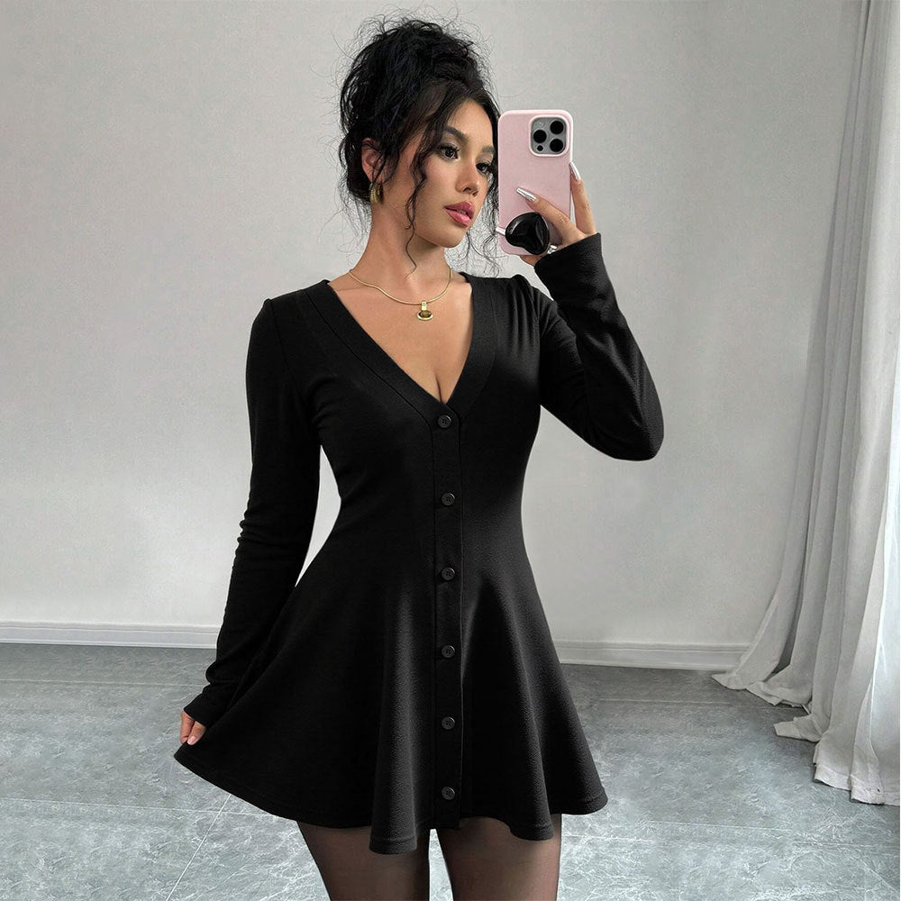 Damen Strickkleid Knielang V-Ausschnitt Knopfleiste Norvielle - Norvielle