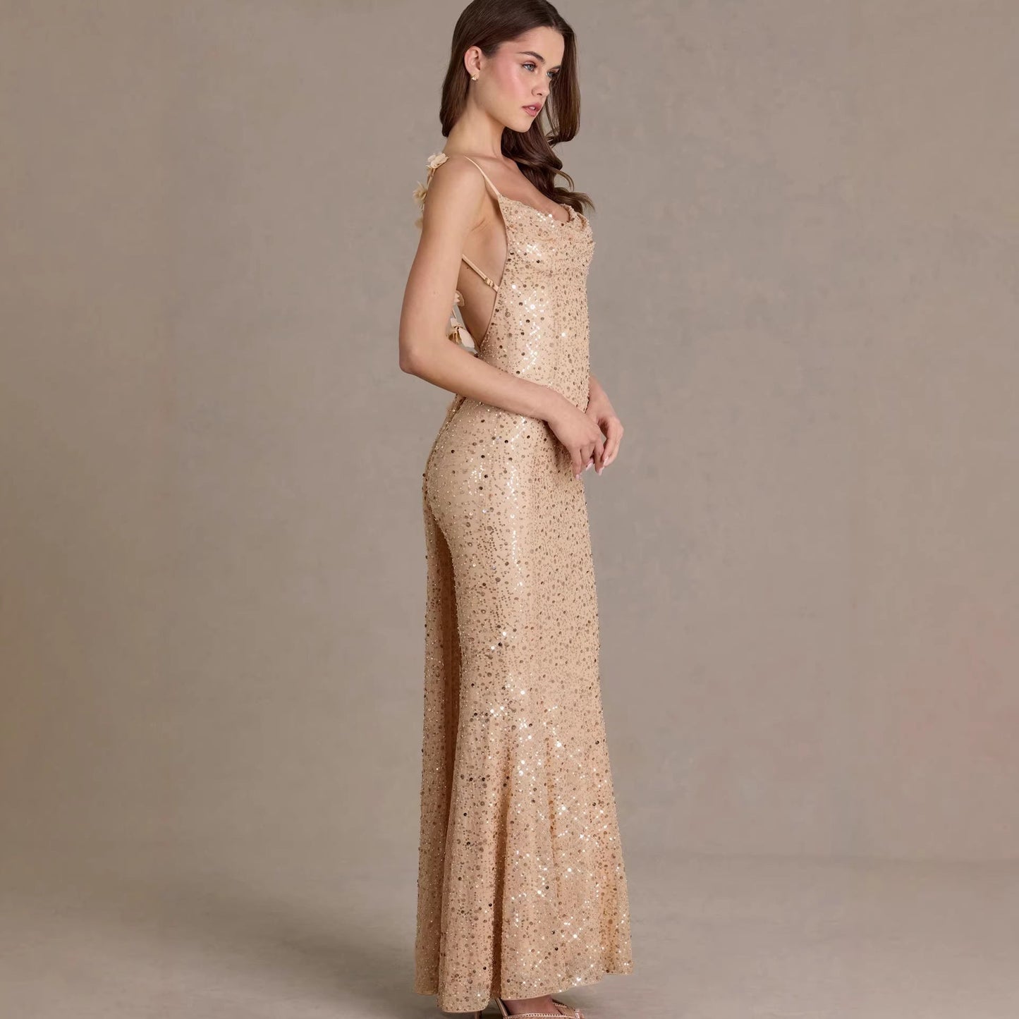 Damen Maxi-Kleid Pailletten Wasserfallausschnitt Figurbetonter Stoff