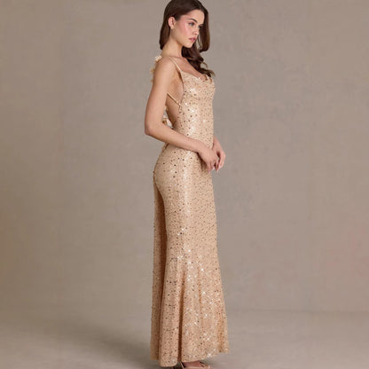 Damen Maxi-Kleid Pailletten Wasserfallausschnitt Figurbetonter Stoff