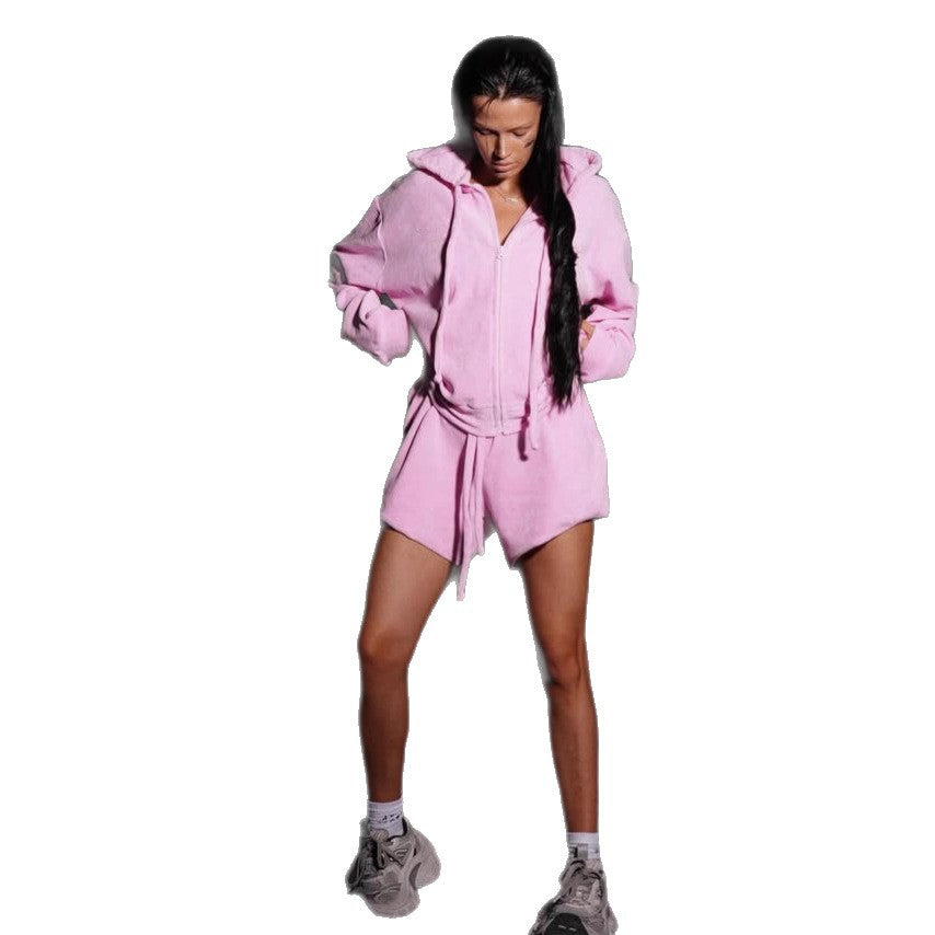 Damen Freizeitanzug Kurz Fleece Beige