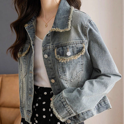 Damen Denimjacke Lässig Mit Fransen
