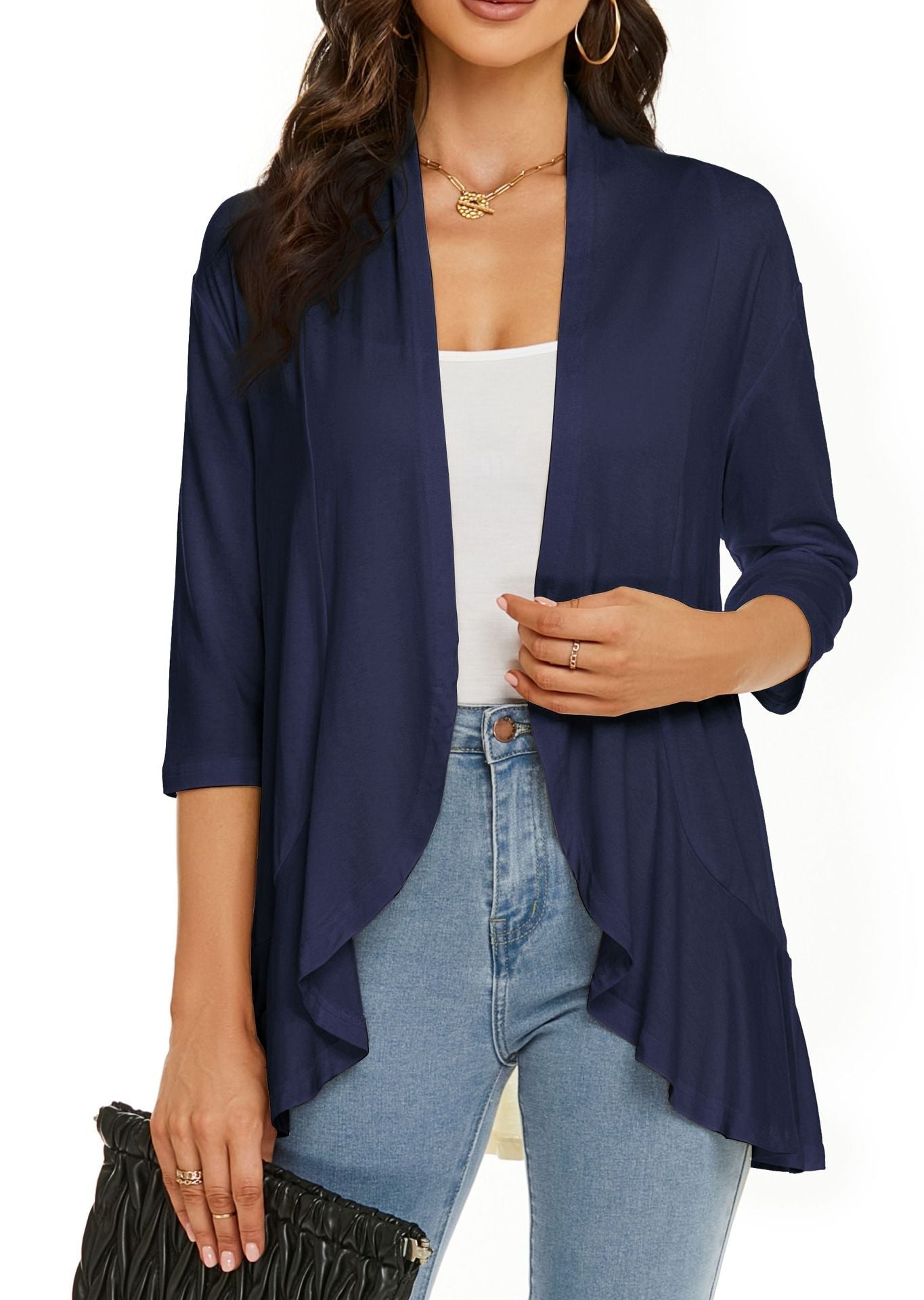 Norvielle Damen Strickjacke Einfarbig 3/4 Ärmel Rüschenrand