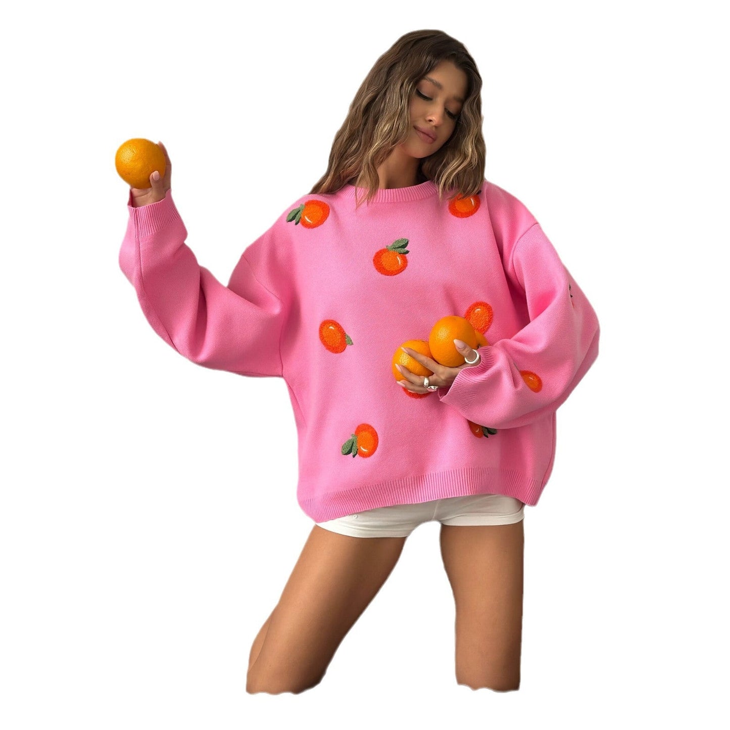 Damen Oversized Pullover Bunt Stickdetails