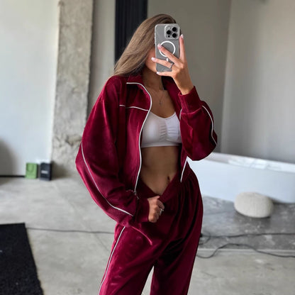 Damen Velours Joggingset Hochkragen Reißverschluss Norvielle - Norvielle