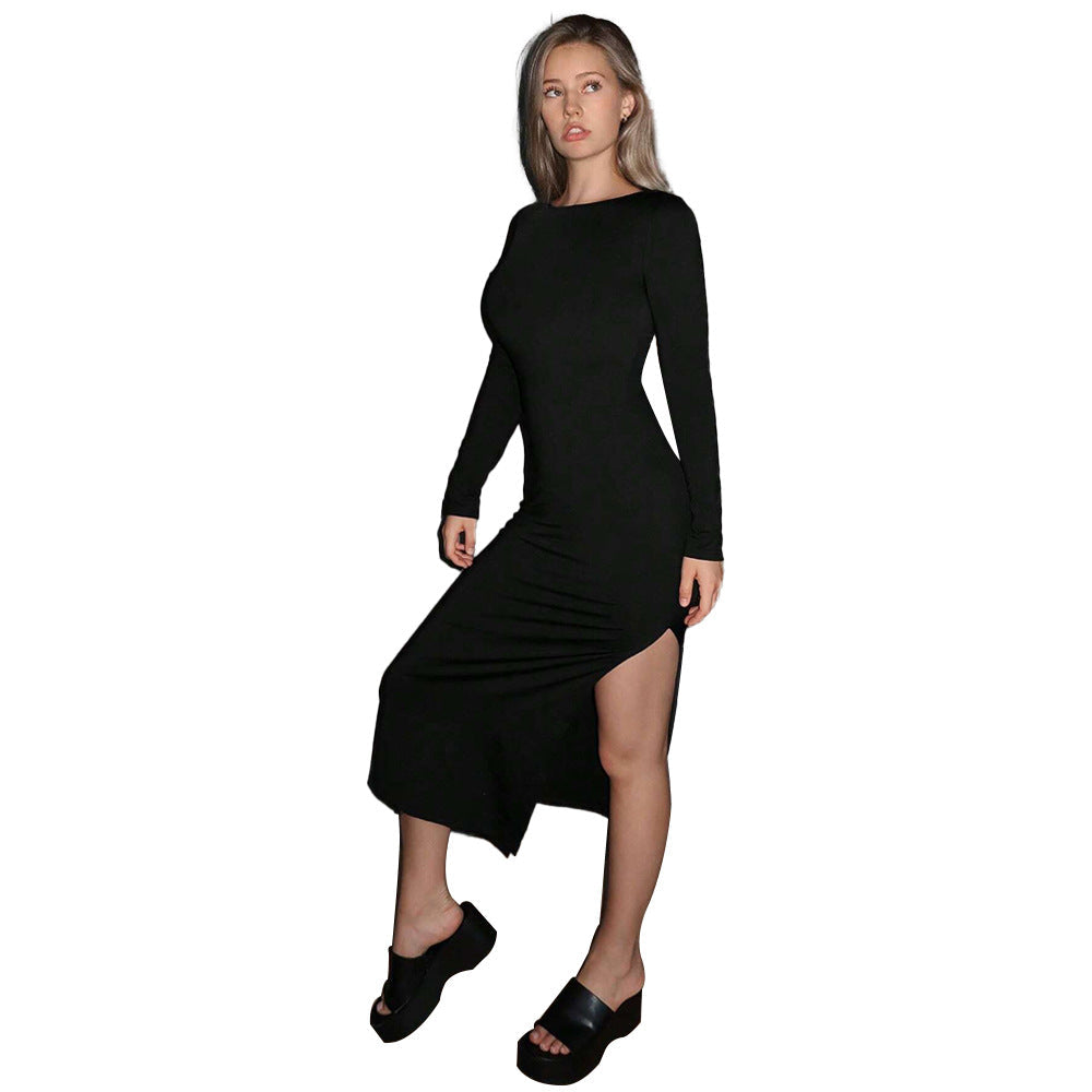 Damen Langarm-Midikleid Elegant Schlitz Figurbetonter Schnitt