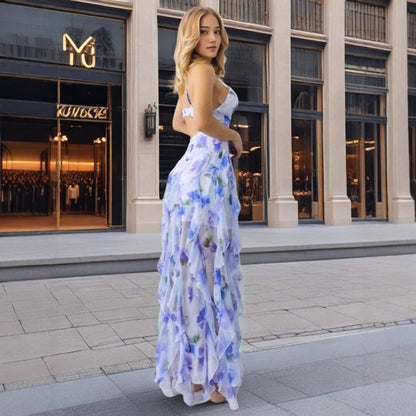 Damen Maxikleid Flora Rüschen Tiefes Dekolleté
