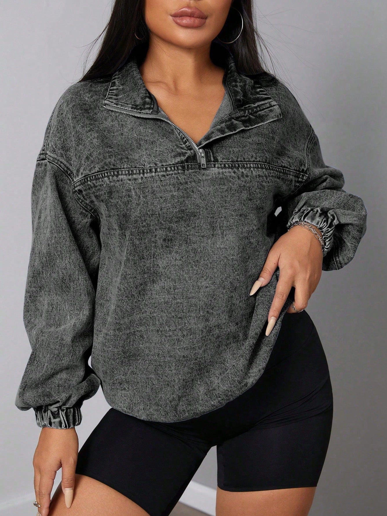 Damen Denim-Pullover Stehkragen Reißverschluss