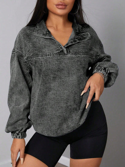 Damen Denim-Pullover Stehkragen Reißverschluss