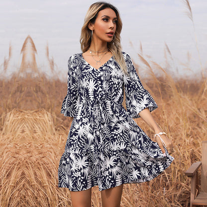 Damen Sommerkleid Blümchenmuster Voluminöse Ärmel Rüschendesign