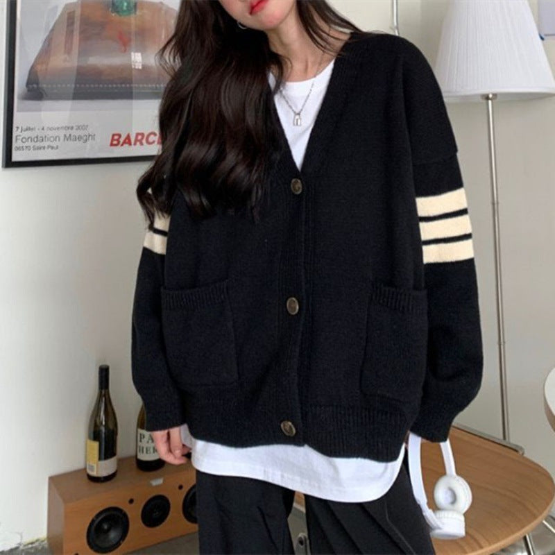 Damen Strickcardigan Lässig Mit Taschen Kontraststreifen