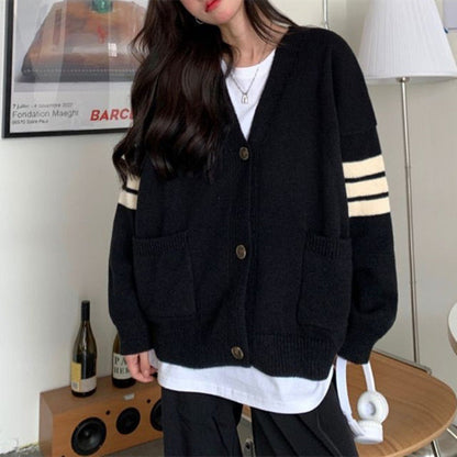 Damen Strickcardigan Lässig Mit Taschen Kontraststreifen