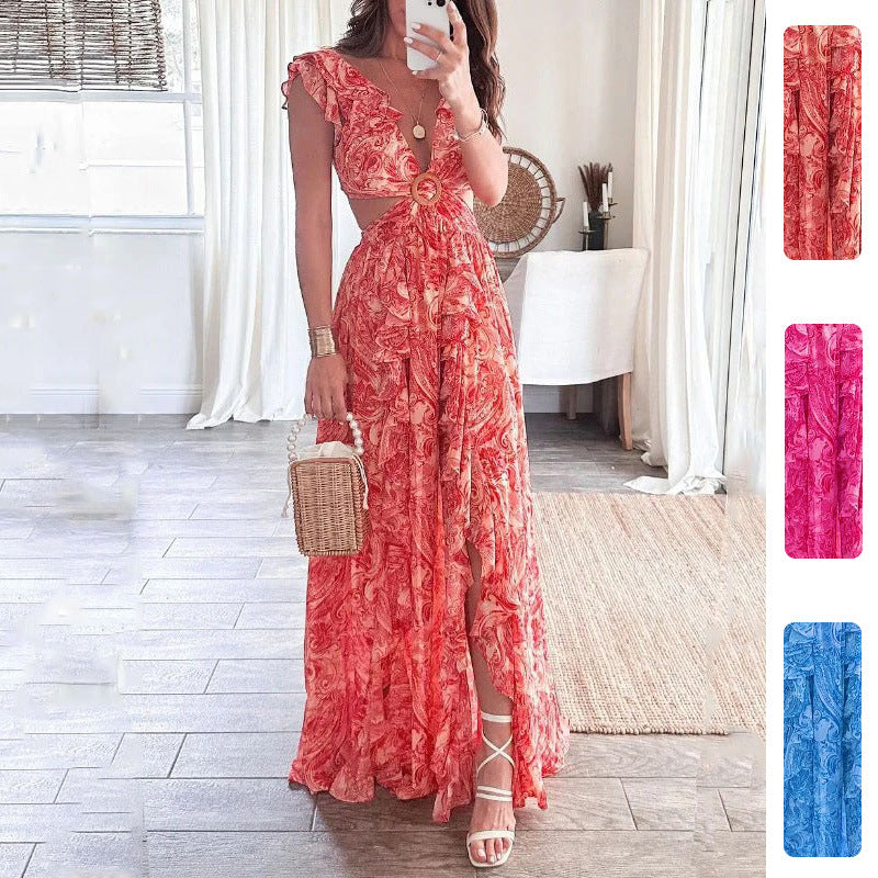 Damen Maxikleid Lang Cut-Out Rüschenausschnitt Norvielle - Norvielle