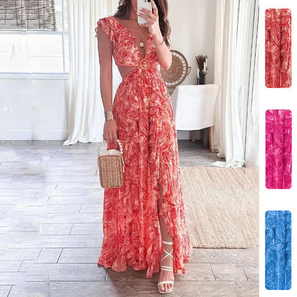 Damen Maxikleid Lang Cut-Out Rüschenausschnitt Norvielle - Norvielle