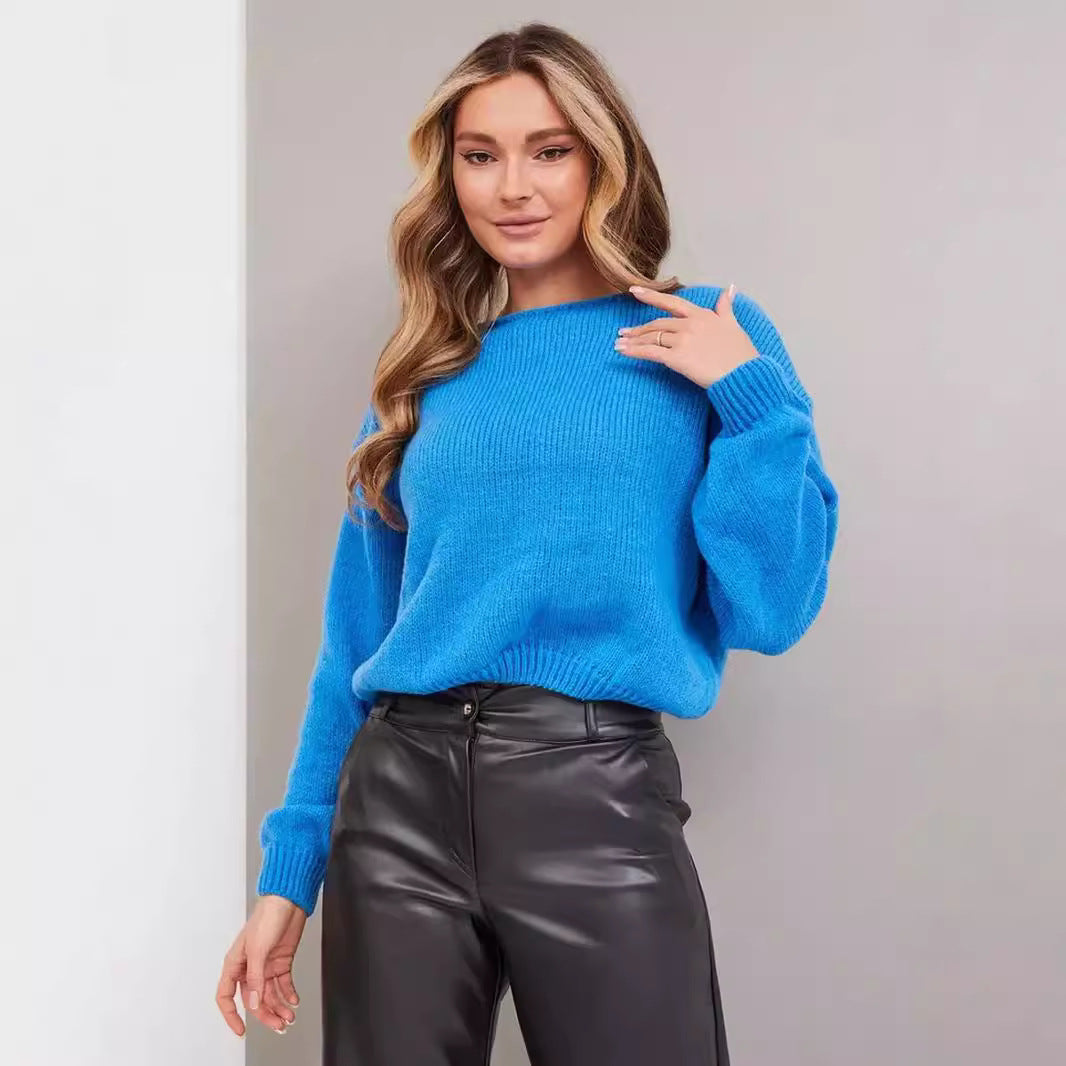 Damen Grobstrickpullover Weite Ärmel Rundhalsausschnitt Beige