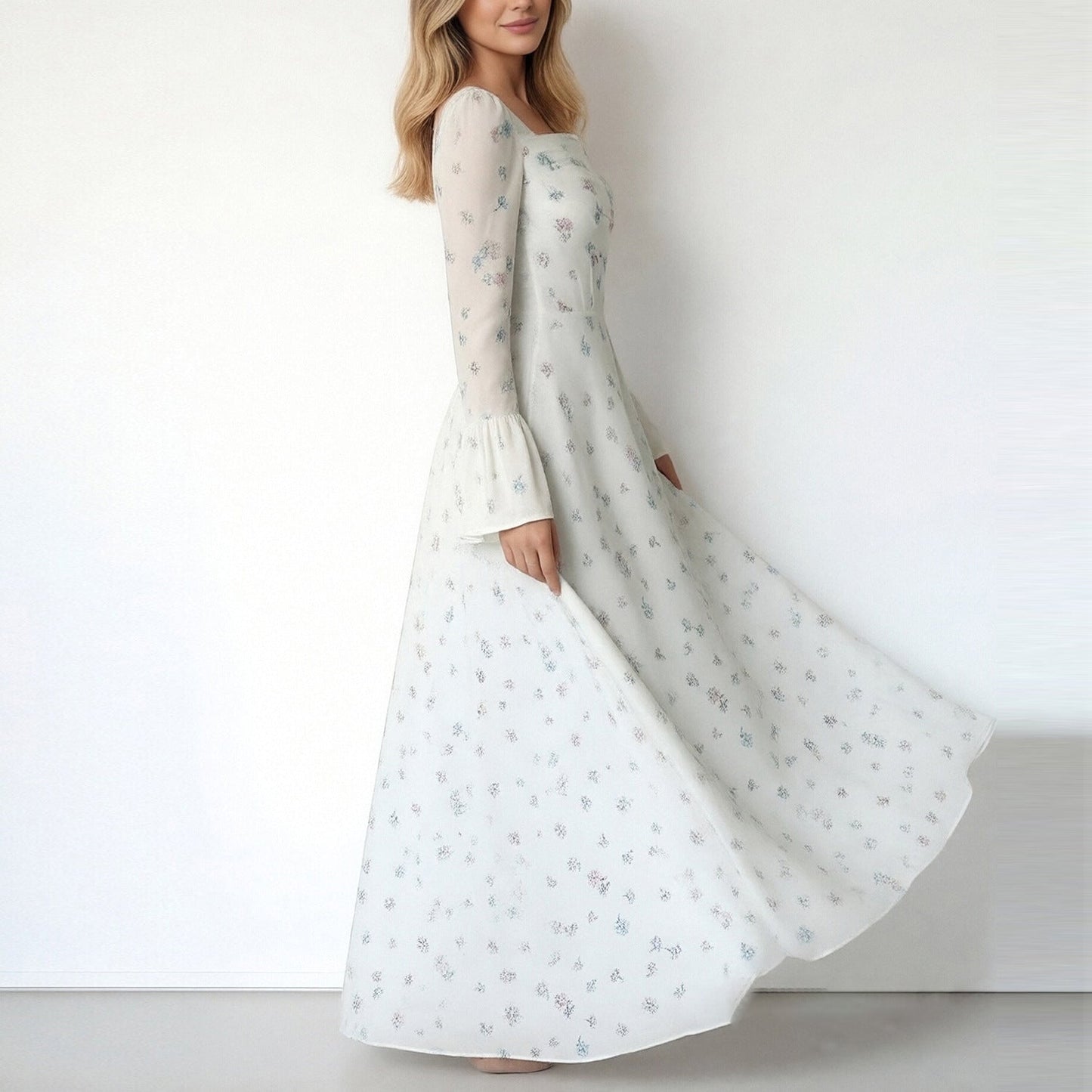 Damen Maxikleid mit Blumenapplikationen und Volumenärmeln Norvielle