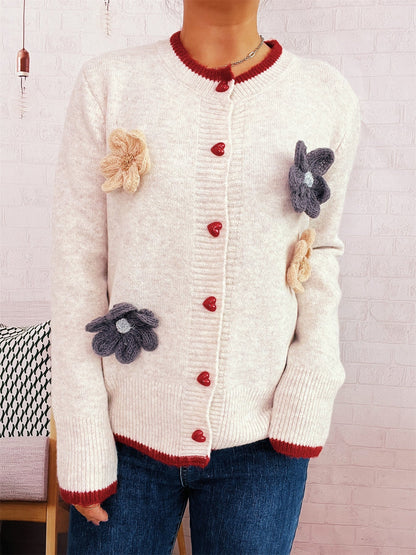 Damen Strickjacke Florale Applikationen Herzknöpfe Norvielle