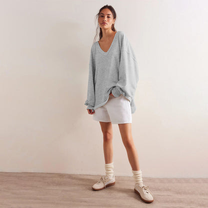 Damen Oversized Sweatshirt V-Ausschnitt Lässiger Schnitt Beige