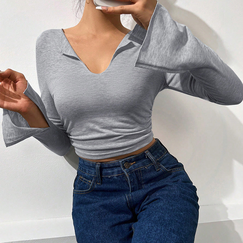 Damen Langarmshirt mit Trompetenärmeln und V-Ausschnitt - Norvielle