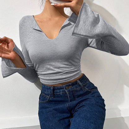 Damen Langarmshirt mit Trompetenärmeln und V-Ausschnitt - Norvielle