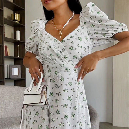 Damen Maxikleid Puffärmel Floralmuster
