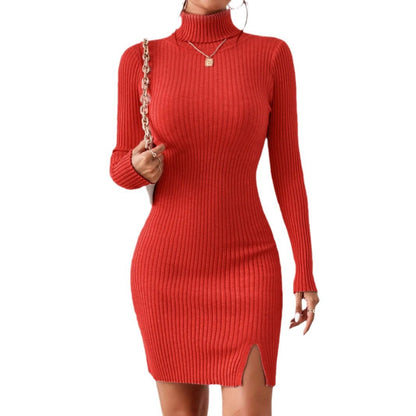 Damen Strickkleid Hohler Kragen Rippdesign