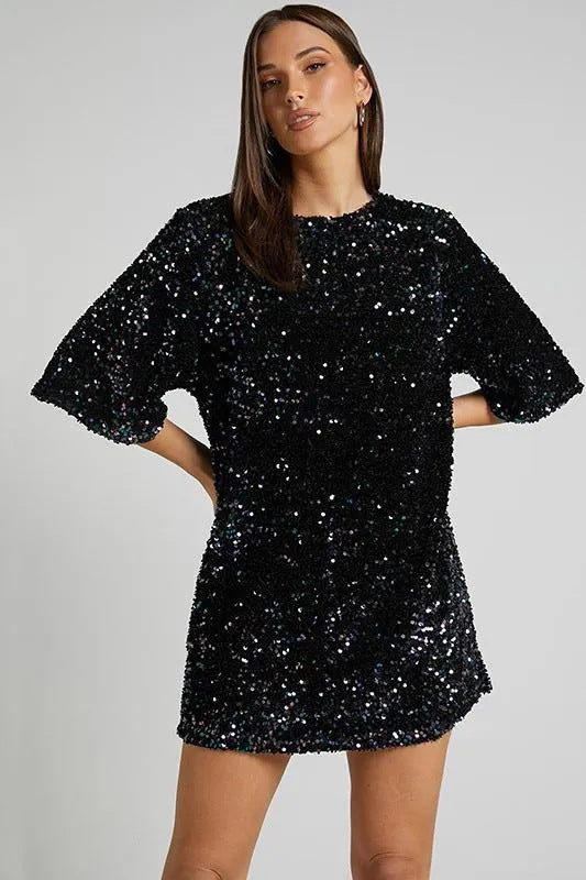 Damen Pailletten-Kleid Lockere Ärmel Rundhalsausschnitt Glitzernd