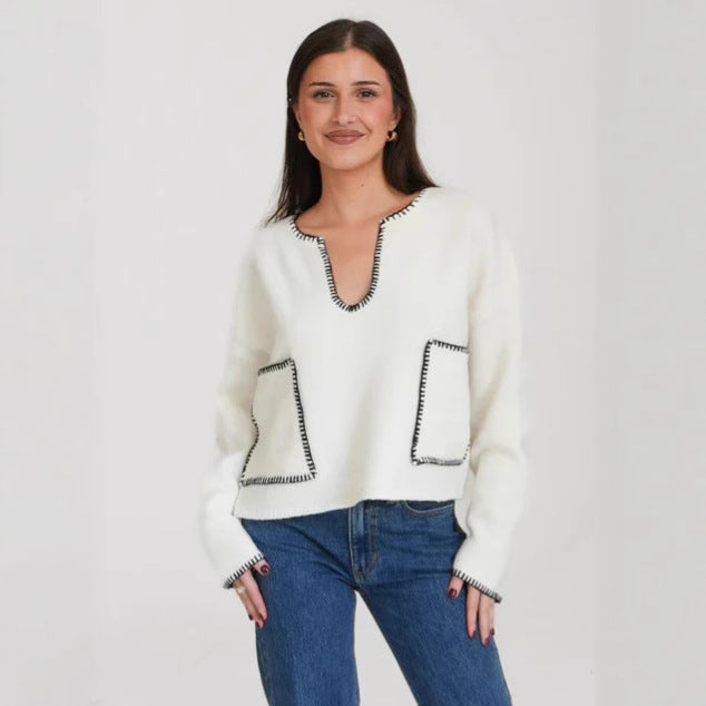 Damen Cropped Pullover Asymmetrisch mit Taschen Norvielle