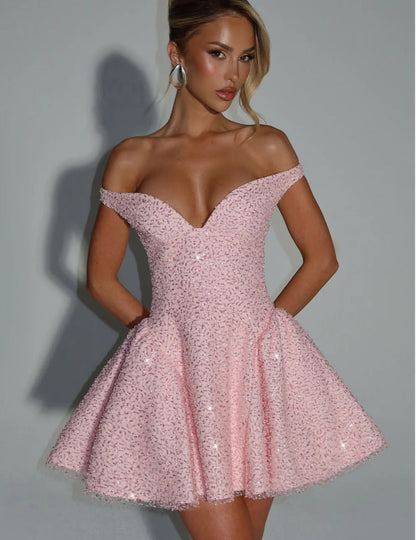Damen Cocktailkleid Schulterfrei Paillettenbesatz Norvielle